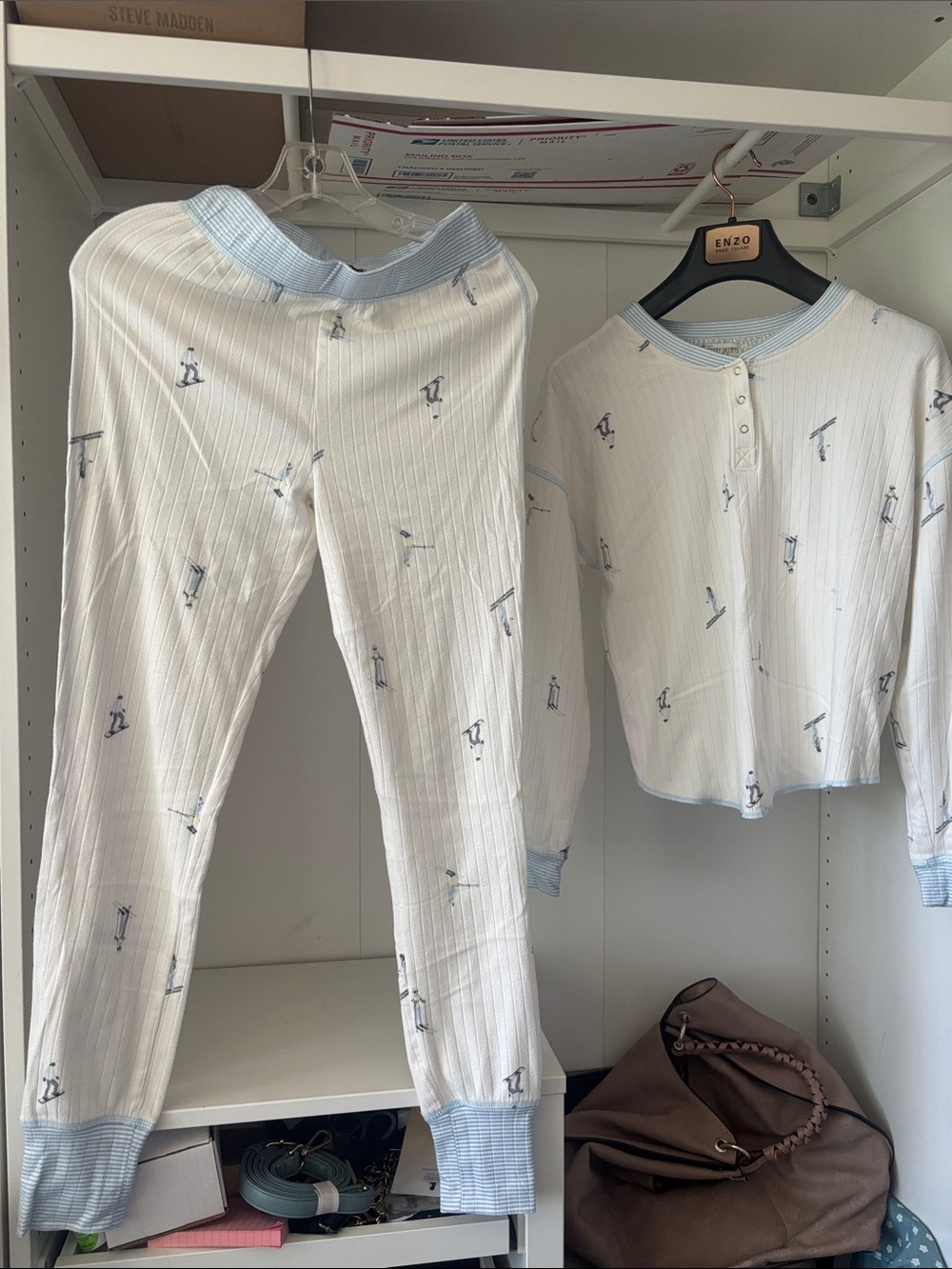 Women's Two-Piece White Pajama Set with Light Blue Trim